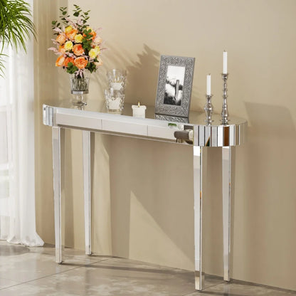 LUVODI Modern Glass Mirror Console Table Crushed Diamond Silver Sofa Side Table Vanity Table for Foyer,Entrance,Offices