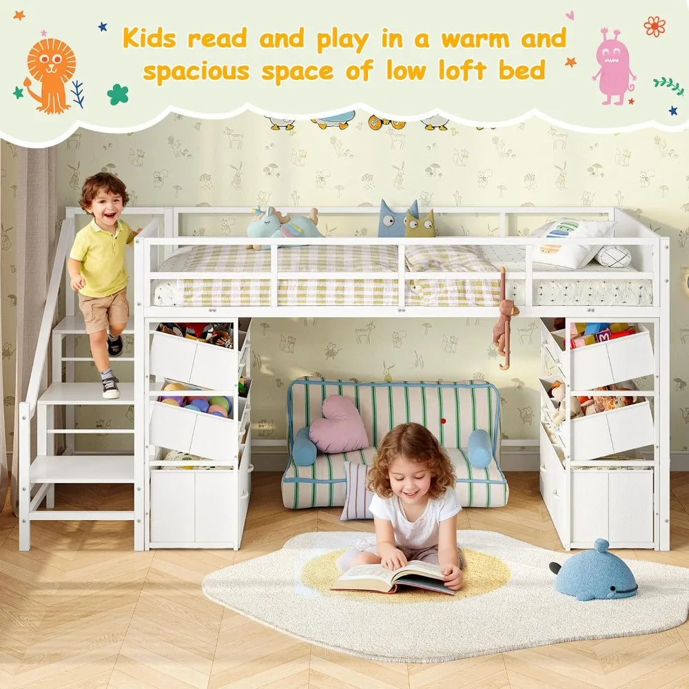Low Loft Bed Twin Size with Stairs, Kids Loft Bed with 12 Storage Drawers, Metal Twin Loft Bed for Kids with Safety Guardrail