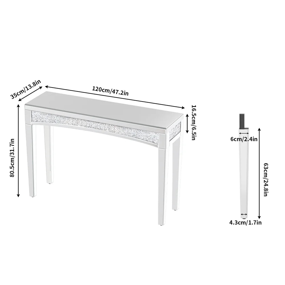 LUVODI Modern Glass Mirror Console Table Crushed Diamond Silver Sofa Side Table Vanity Table for Foyer,Entrance,Offices
