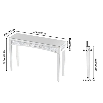 LUVODI Modern Glass Mirror Console Table Crushed Diamond Silver Sofa Side Table Vanity Table for Foyer,Entrance,Offices