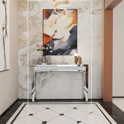 LUVODI Modern Glass Mirror Console Table Crushed Diamond Silver Sofa Side Table Vanity Table for Foyer,Entrance,Offices