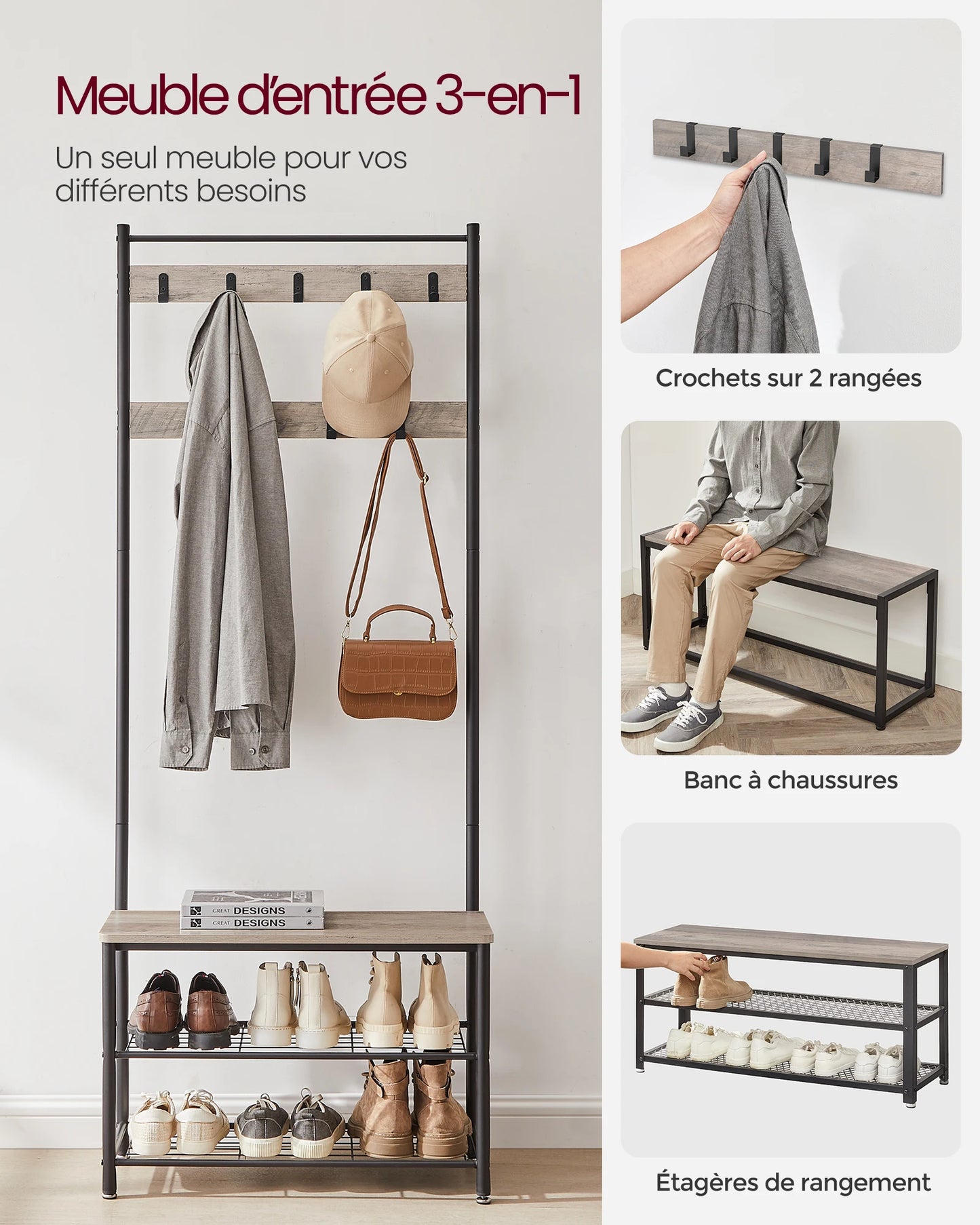 VASAGLE Coat Rack, Hallway Cabinet, Cloakroom, Clothes Rack with Bench and Shoe Rack, Metal Frame, Height 175 cm