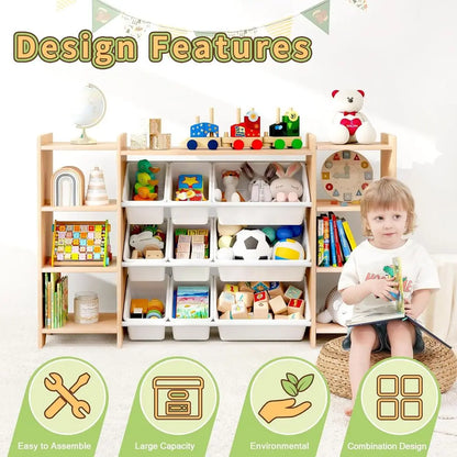 4-Tier Wooden Kids Toy Organizer with Wide Storage Cabinet, 9 Bins & 6 Ports