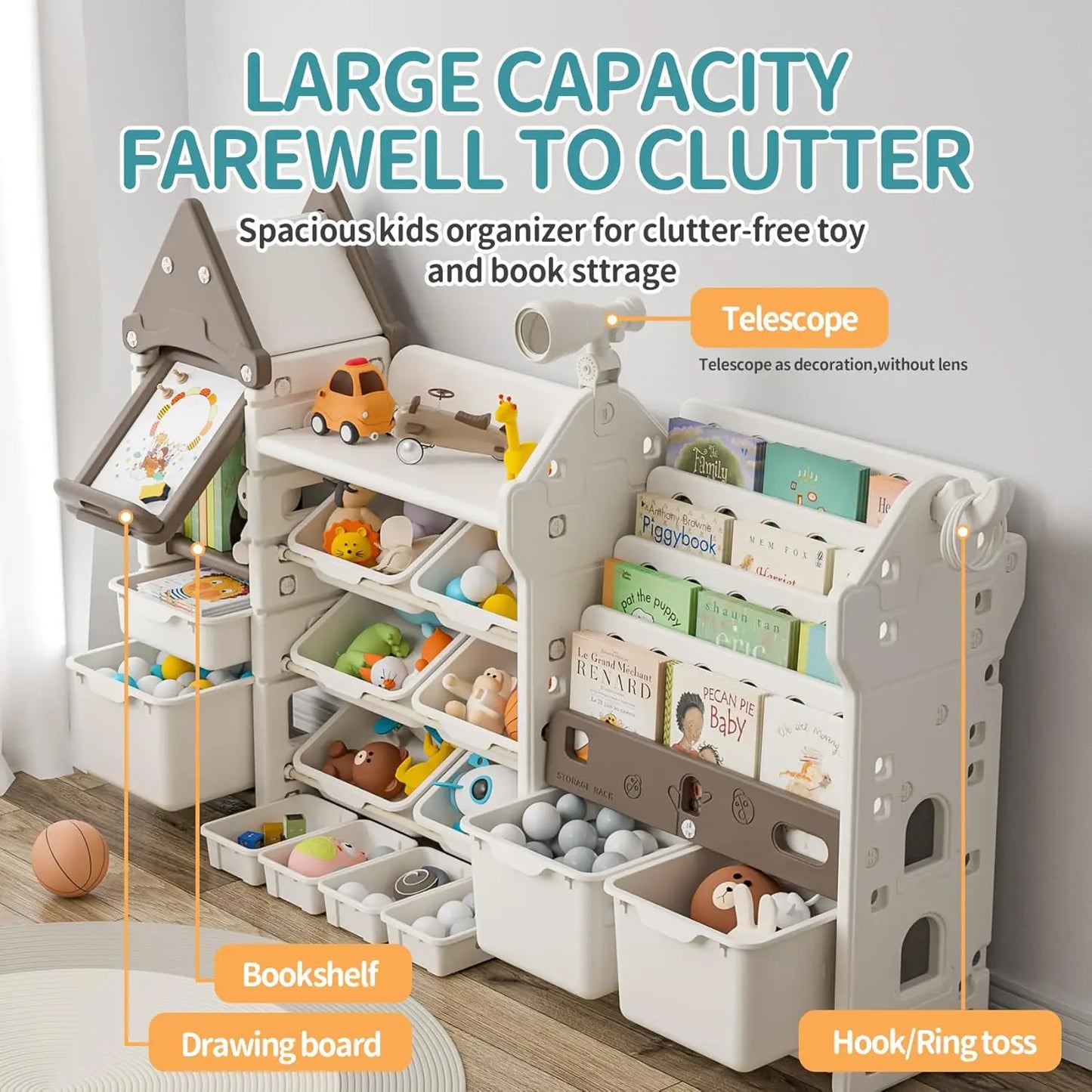 ® Magic Castle Kids Toy Storage & Bookshelf Organizer with 14 Easy-Pull Bins, Durable HDPE Material,   ltifunctional Pla