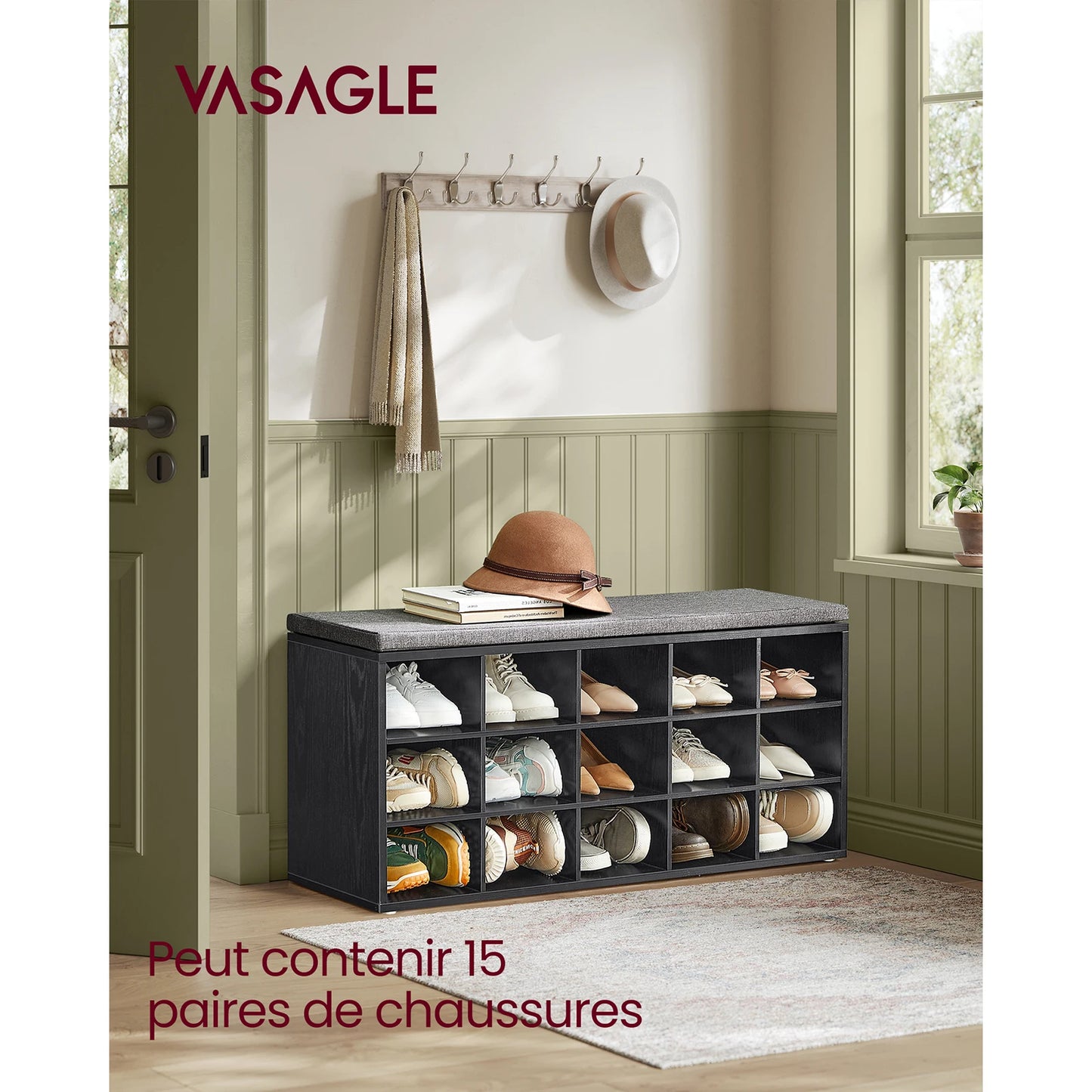 VASAGLE Shoe Bench, Storage Bench with Padded Seat, with Cushion, 9 Compartments, Adjustable Shelves, for Living Room, Hallway