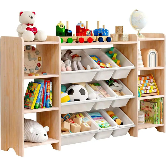 4-Tier Wooden Kids Toy Organizer with Wide Storage Cabinet, 9 Bins & 6 Ports