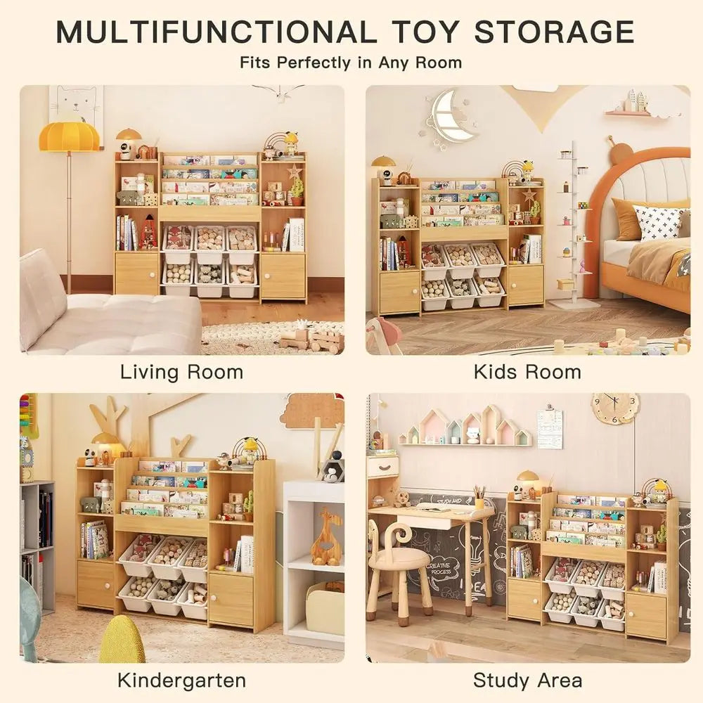 Kids Bookshelf & Toy Storage Organizer with 6 Bins, Wooden Storage for Living Room, Kids Room, Playroom, and Kindergarten