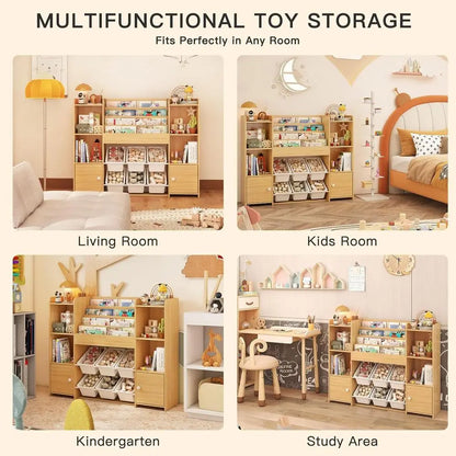 Kids Bookshelf & Toy Storage Organizer with 6 Bins, Wooden Storage for Living Room, Kids Room, Playroom, and Kindergarten