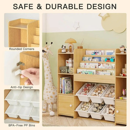 Kids Bookshelf & Toy Storage Organizer with 6 Bins, Wooden Storage for Living Room, Kids Room, Playroom, and Kindergarten