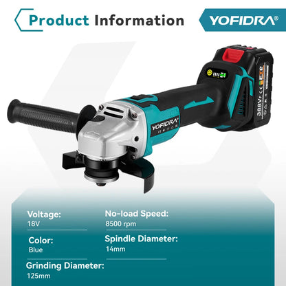 YOFIDRA 125mm Brushless Angle Grinder 14MM Cordless Cutting Polishing Cutting Machine Power Tool For Makita Battery Pin