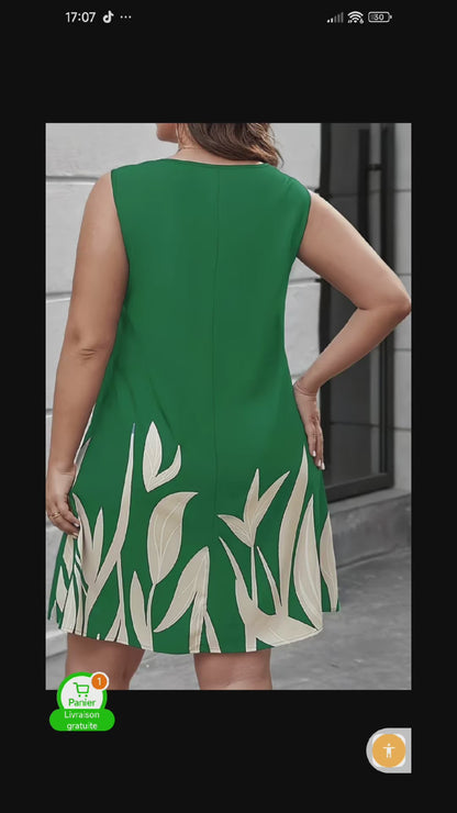 Robe Fluide Grande Taille Col V – Motif Feuilles Élégante Été - Everia Shop 