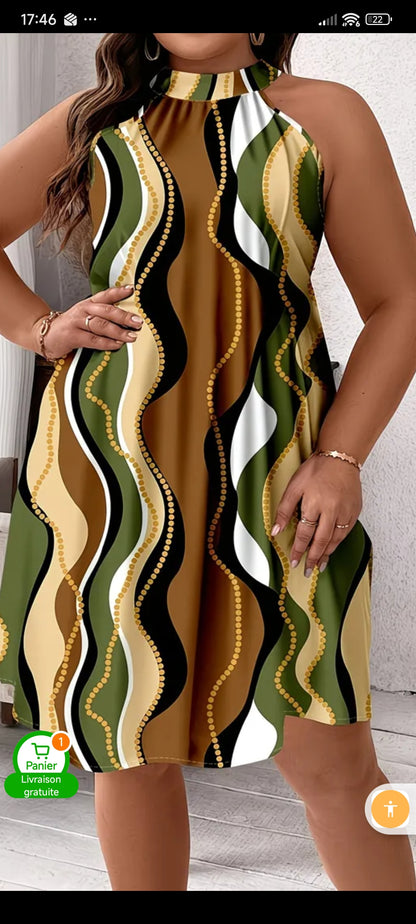 Robe Fluide Col Halter Grande Taille – Motif Ondulé Élégant Été - Everia Shop 